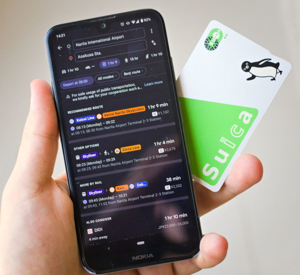 Search on directions from Narita Airport to Asakusa Sta. on Google Maps app and a Suica card