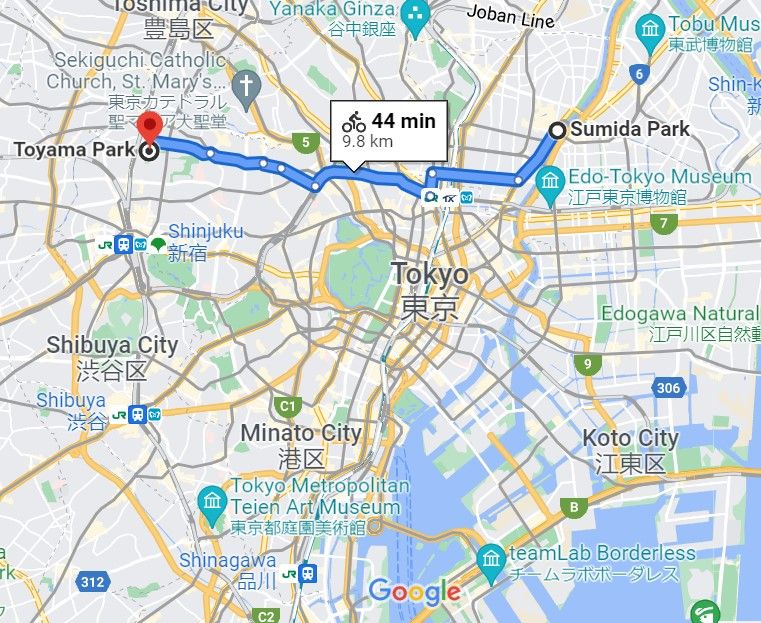 Google Maps Directions from Sumida to Toyama Park