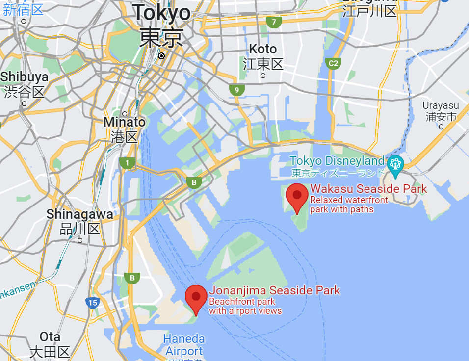 Toyko Map showing locations of Jonanjima and Wakasu Seaside Parks